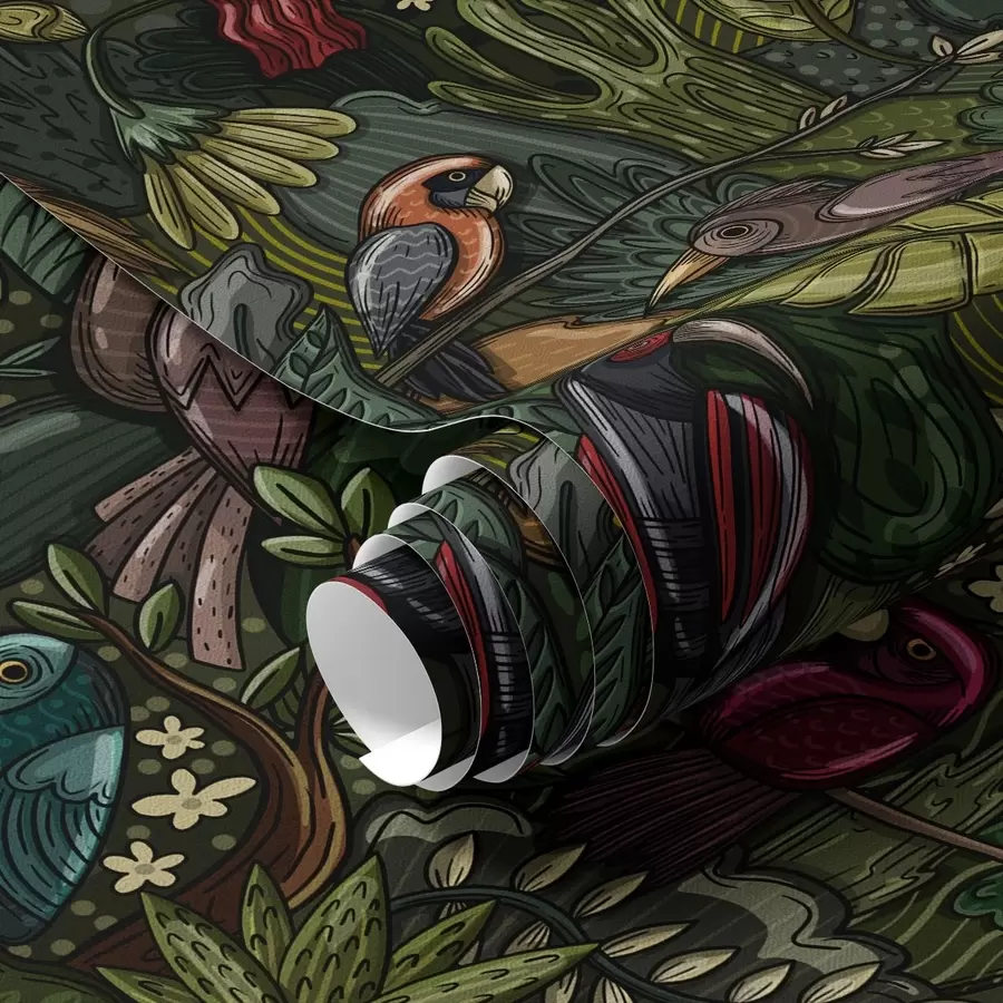 fototapeter Eksotiske fugle i junglen i stil med en gravering a00157