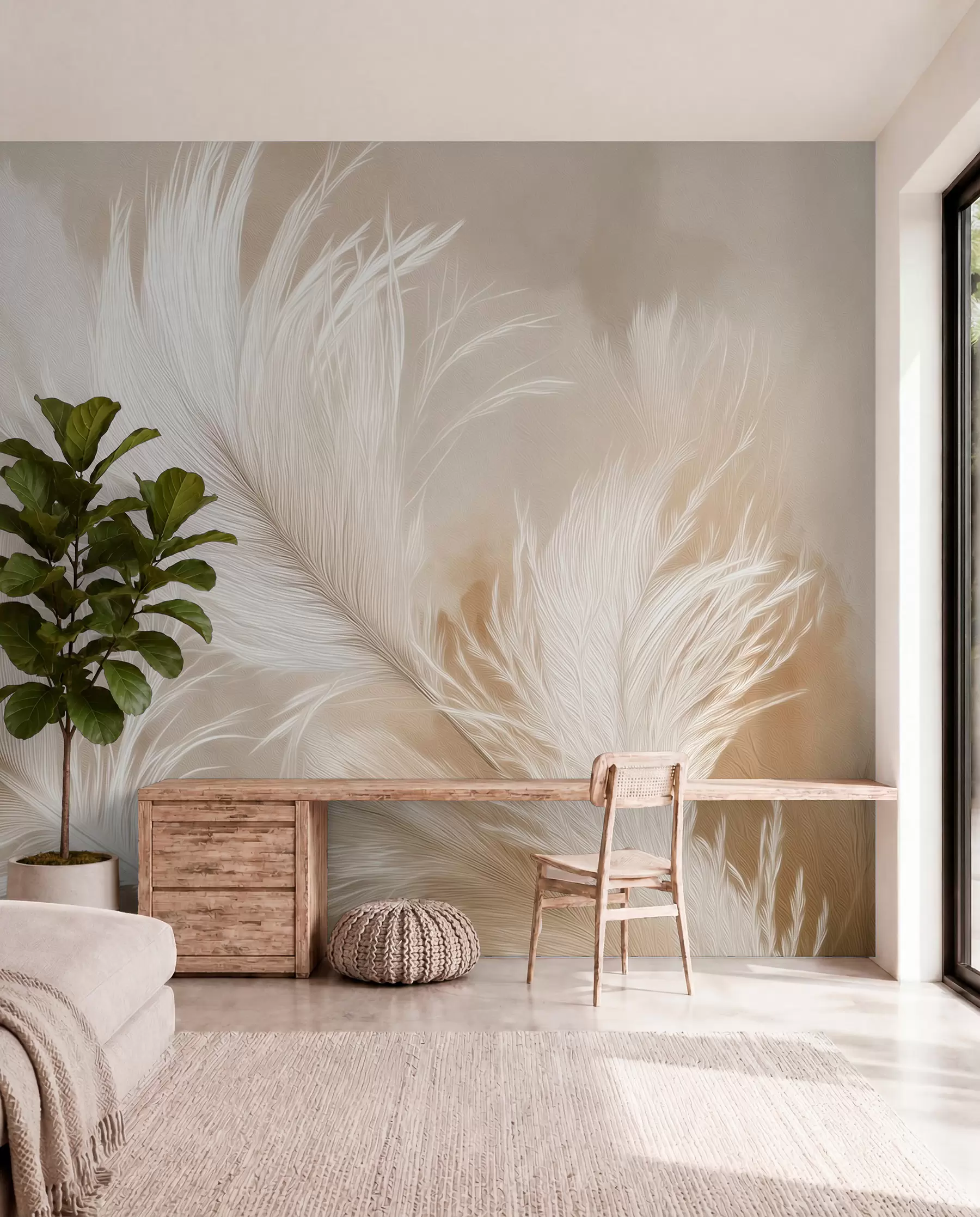 Murale Plumes aériennes volantes sur fond beige w09102