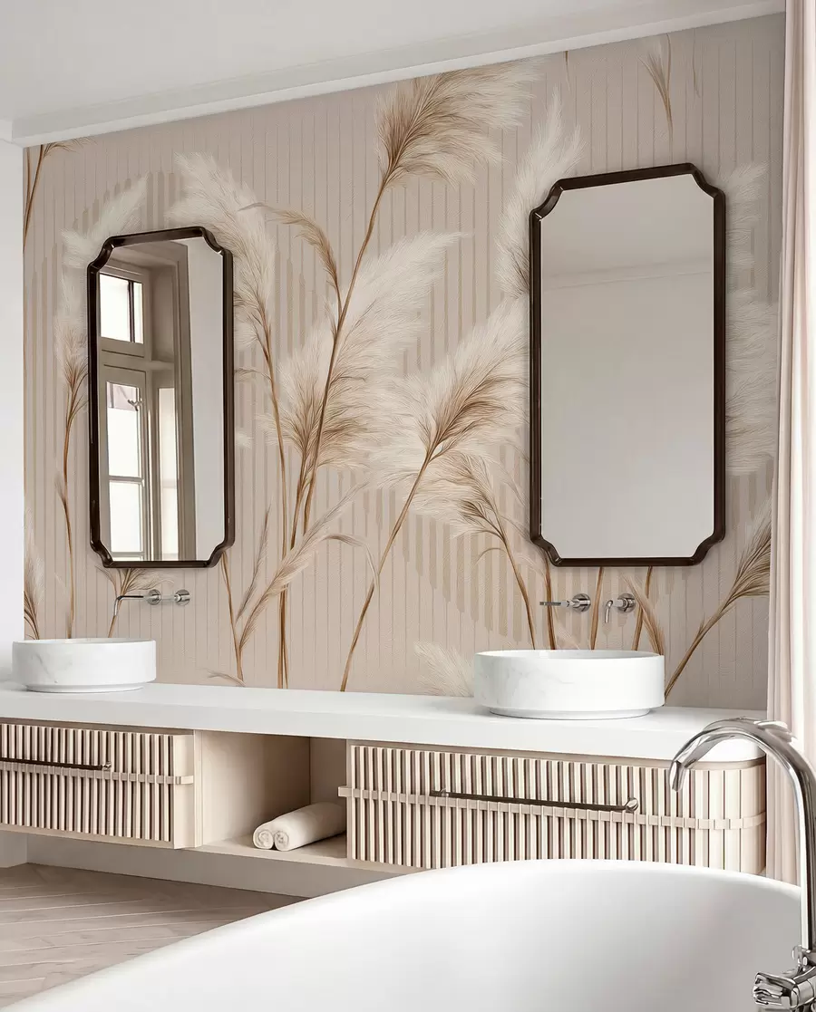 fototapeter Pampasgræs mod en baggrund af linjer i beige toner w09104