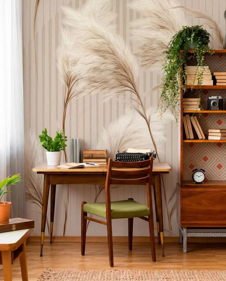fototapeter Pampasgræs mod en baggrund af linjer i beige toner w09104