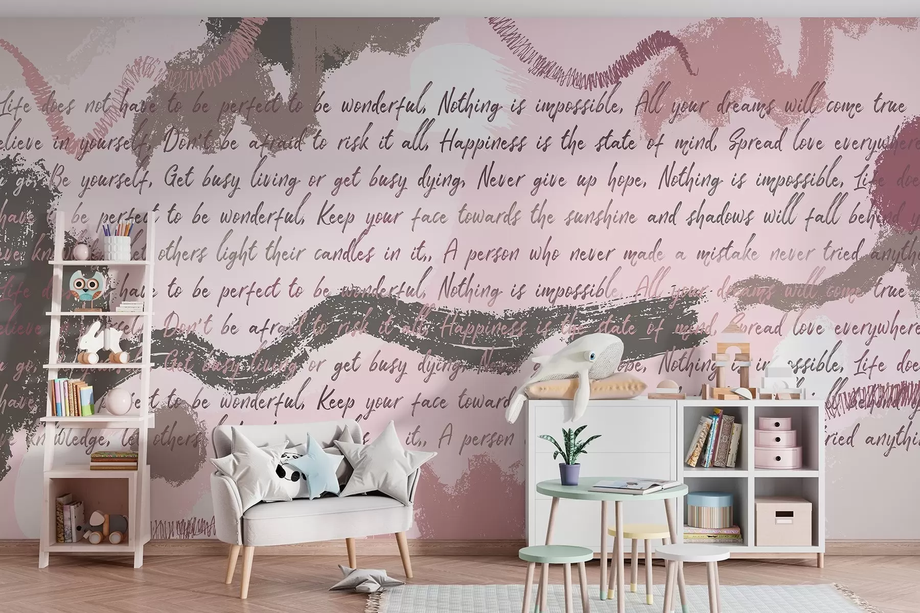 Murale Design avec citations inspirantes, abstraction, couleurs roses w03909v3