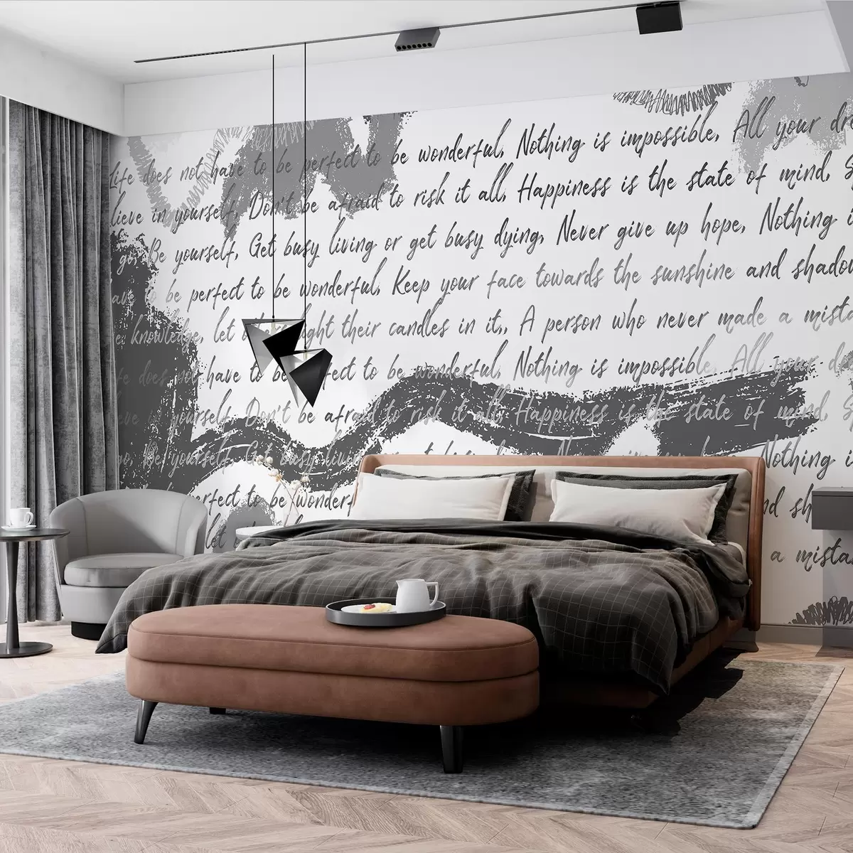 Murale Design avec citations inspirantes, abstraction, couleurs grises w03909v4