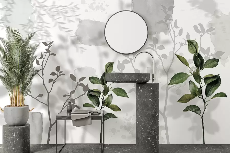 fototapeter Citrontræets blade, træets grene skygger, natur, akvarel, grøn w03910v1