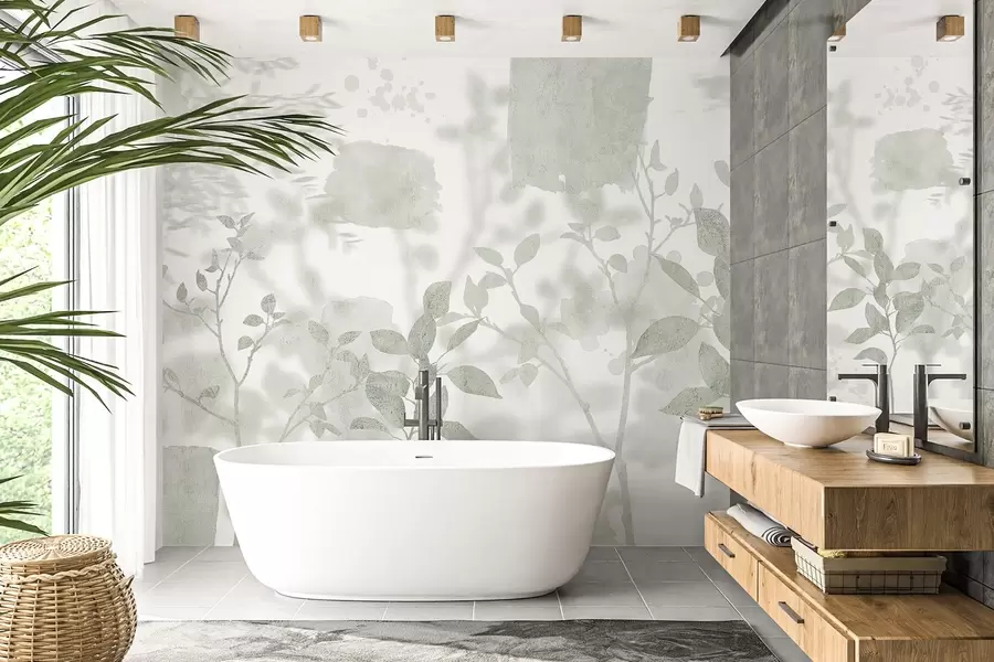 Murale Silhouettes d'arbres, branches, nature, aquarelle, couleurs vertes w03911v1