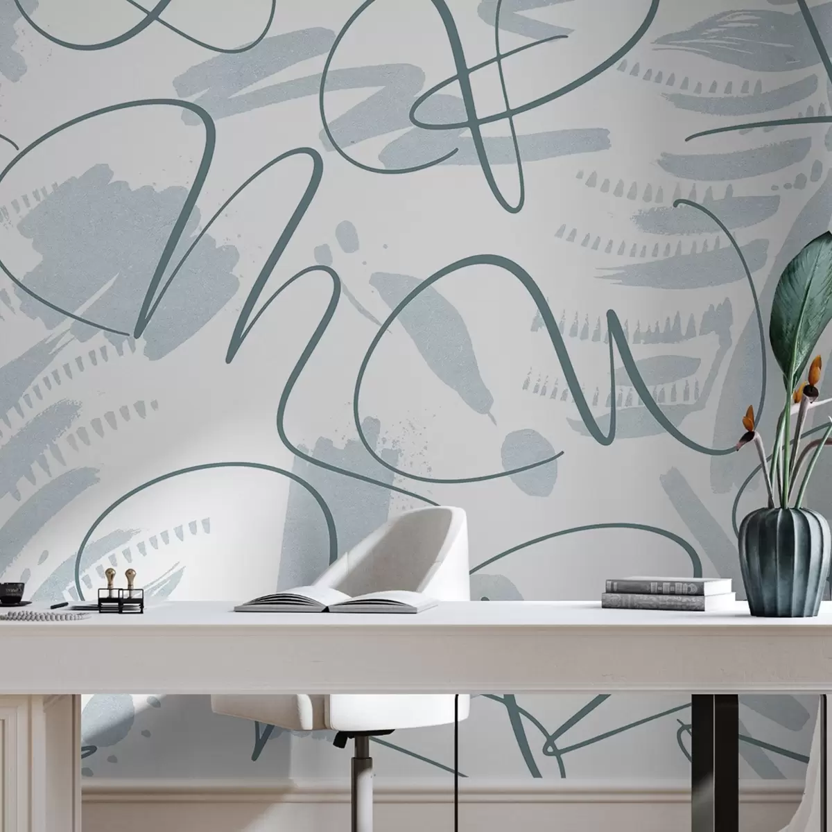 fototapeter Kalligrafisk abstraktion med bogstaver, penselstrøg, blå farve w03913v1