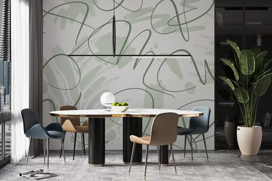 Fototapete Kalligraphische Abstraktion mit Buchstaben, Pinselstrichen, grüner Farbe w03913v3