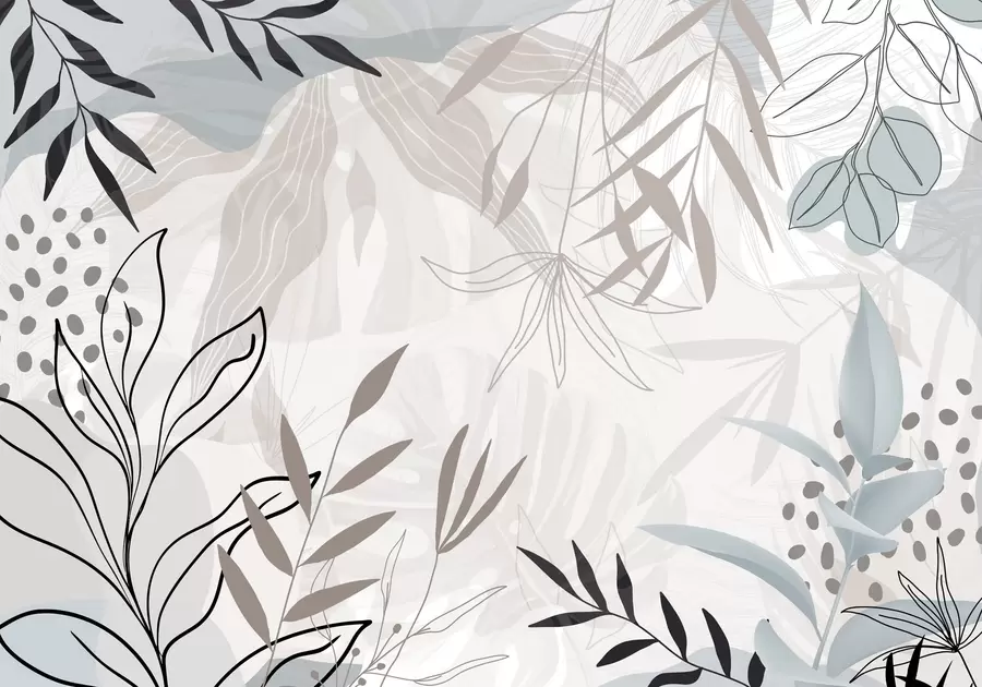 Fototapete Abstraktes florales modernes Design mit pastellfarbenen beigen, grauen, blauen und schwarzen Blättern, zarter Linienführung und weichem Hintergrund w09105