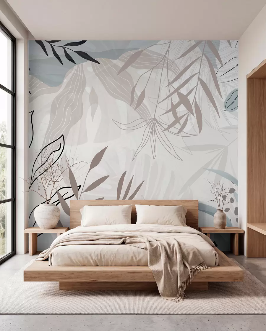 fototapeter Abstrakt blomstermoderne design med pastelbeige, grå, blå og sorte blade, delikat stregtegning og blød baggrund  w09105