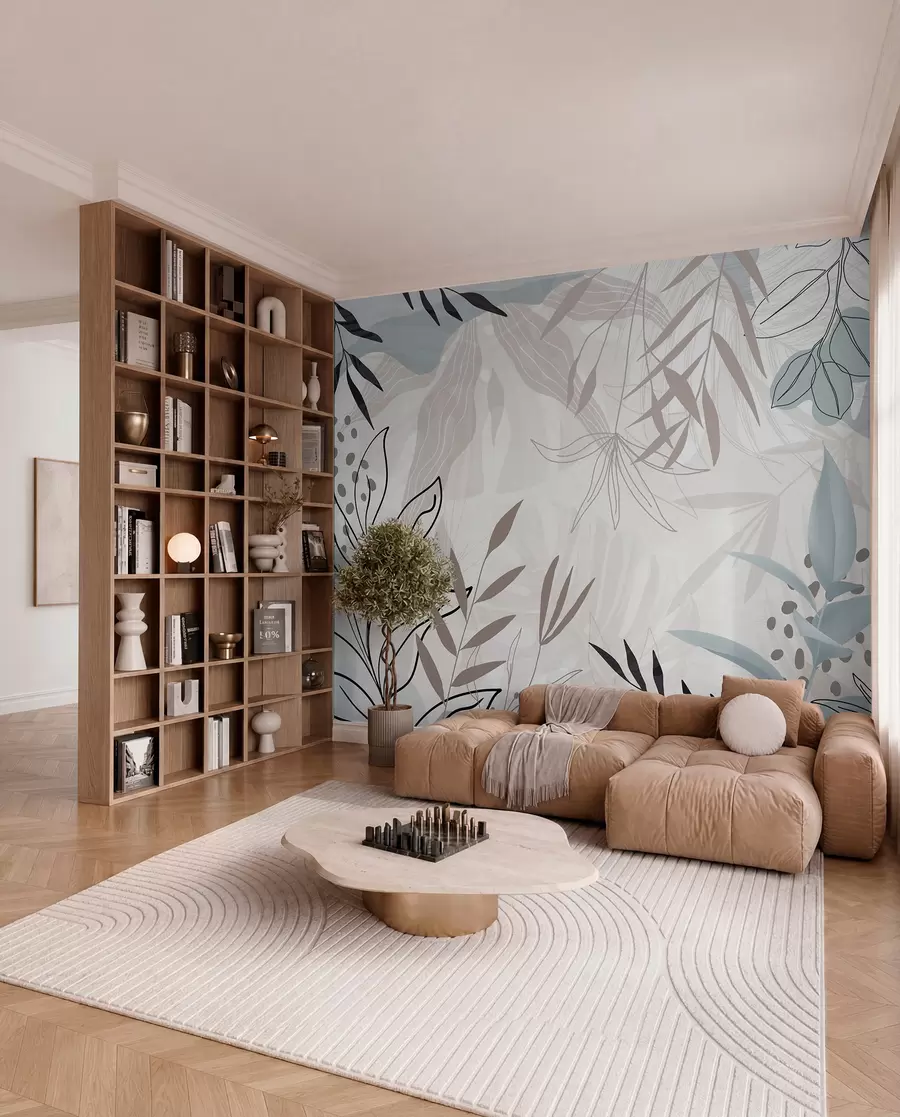fototapeter Abstrakt blomstermoderne design med pastelbeige, grå, blå og sorte blade, delikat stregtegning og blød baggrund  w09105