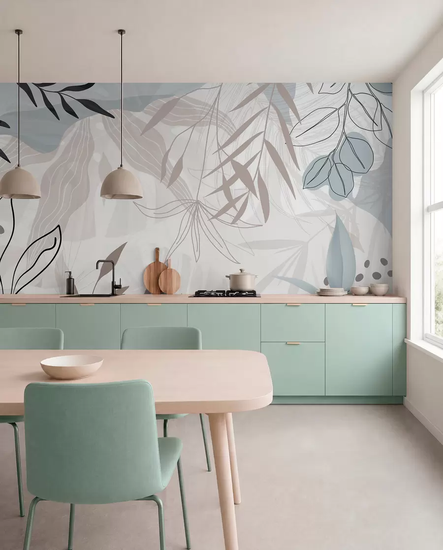 fototapeter Abstrakt blomstermoderne design med pastelbeige, grå, blå og sorte blade, delikat stregtegning og blød baggrund  w09105