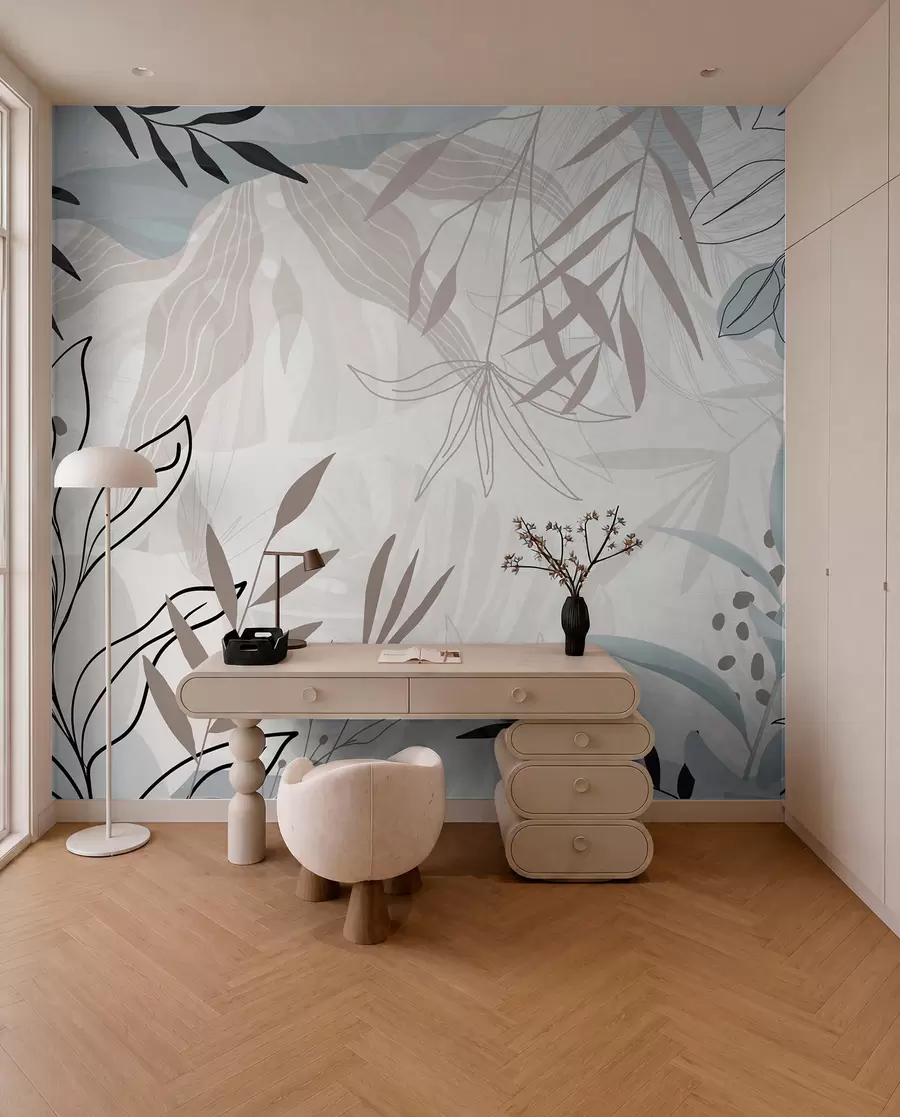 fototapeter Abstrakt blomstermoderne design med pastelbeige, grå, blå og sorte blade, delikat stregtegning og blød baggrund  w09105