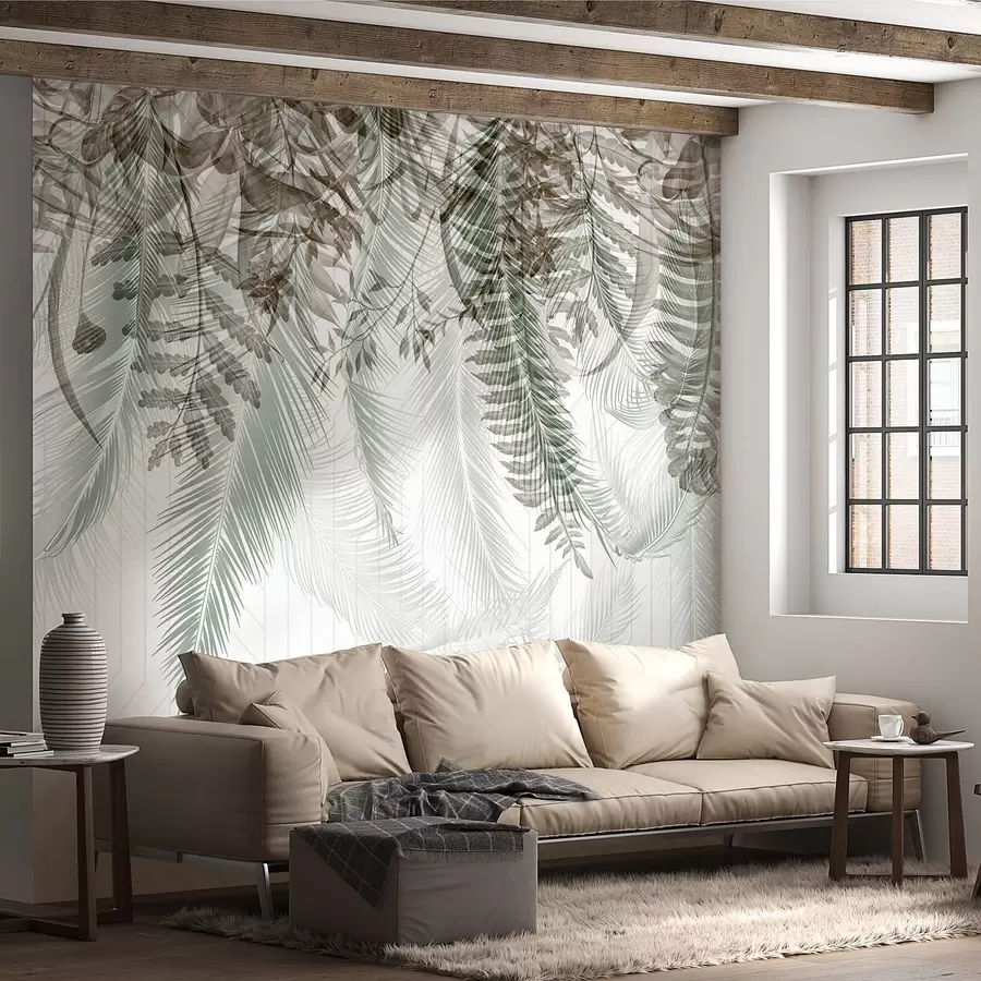 Fototapete Zarte fallende tropische Farn- und Palmenblätter, geometrischer Hintergrund, weiches Licht, gedämpfte Farben, elegant w09106v1