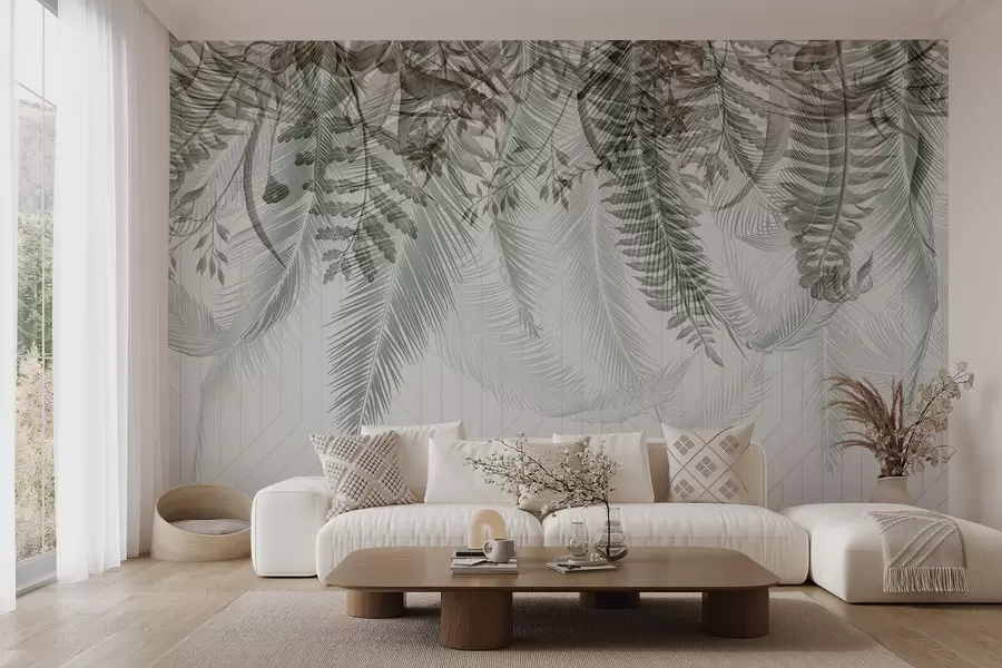 Fototapete Zarte fallende tropische Farn- und Palmenblätter, geometrischer Hintergrund, weiches Licht, gedämpfte Farben, elegant w09106v1