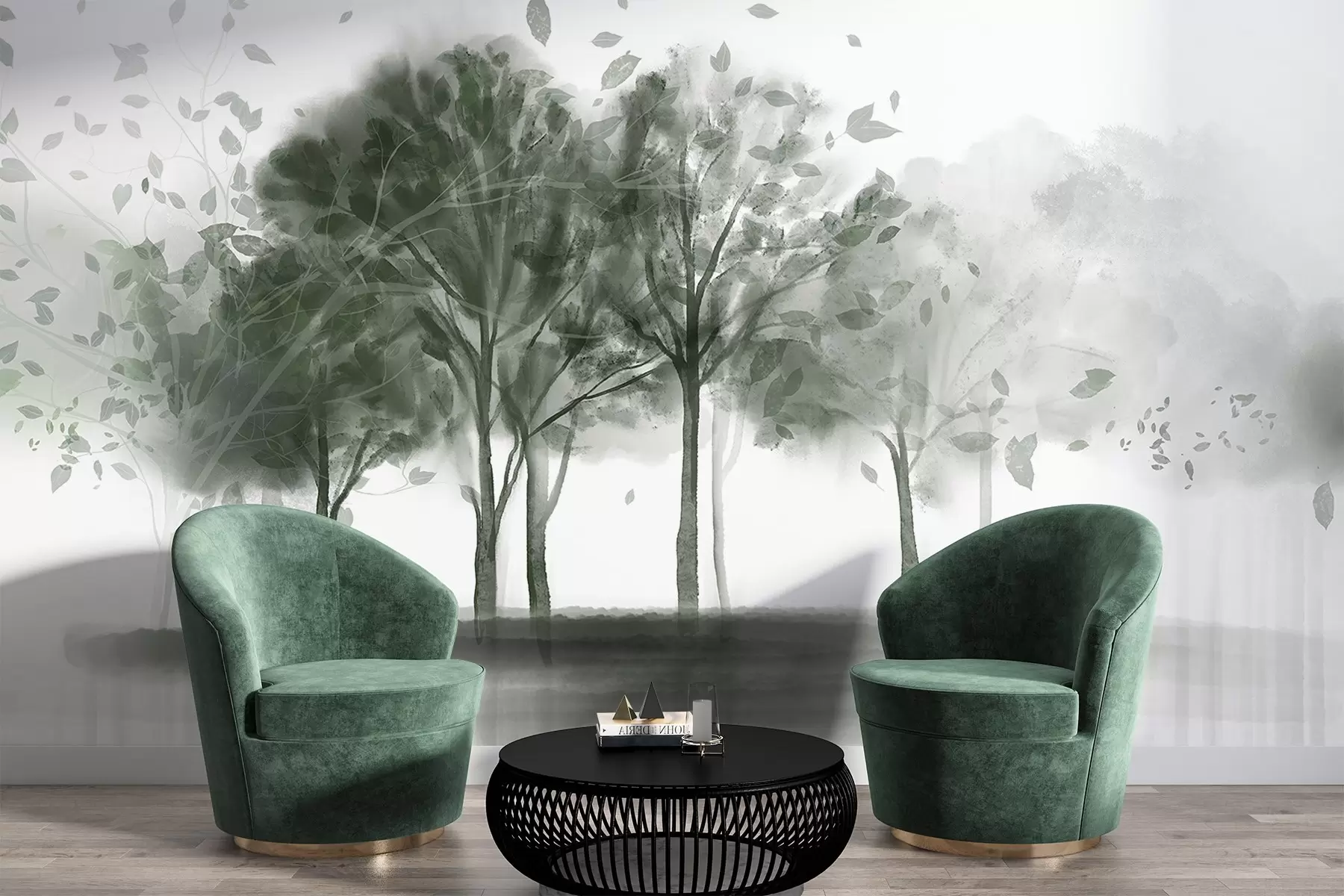 fototapeter Abstrakt landskab med træer med grønne blade, der spejler sig i vandet, i akvarel-tekstureret stil w09109