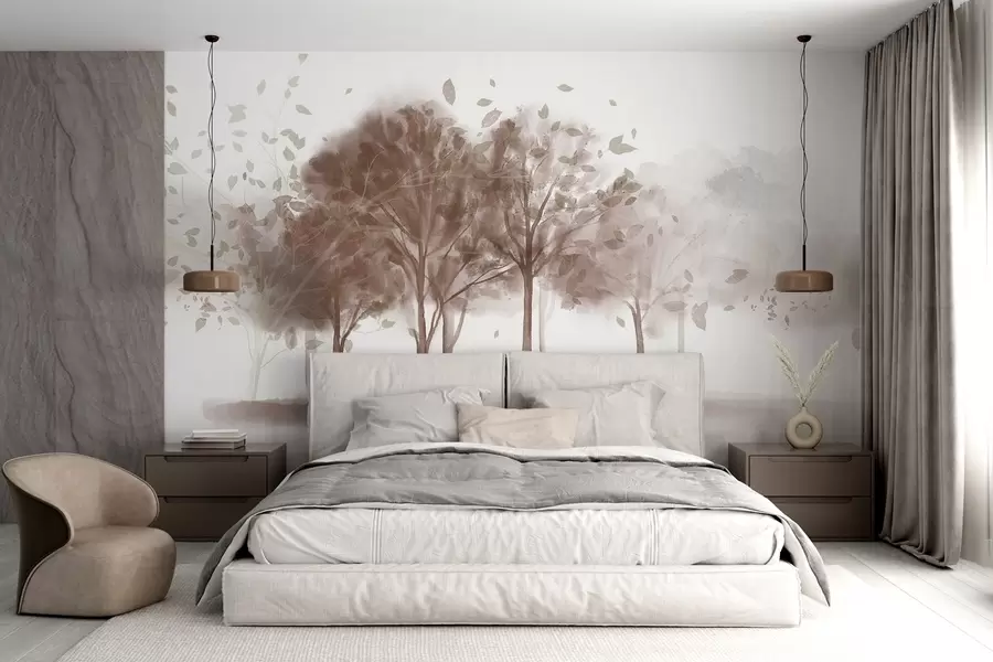 Fototapete Abstrakte Landschaft mit Bäumen mit braunen Blättern, die sich im Wasser spiegeln, in Aquarell strukturiertem Stil w09109v1