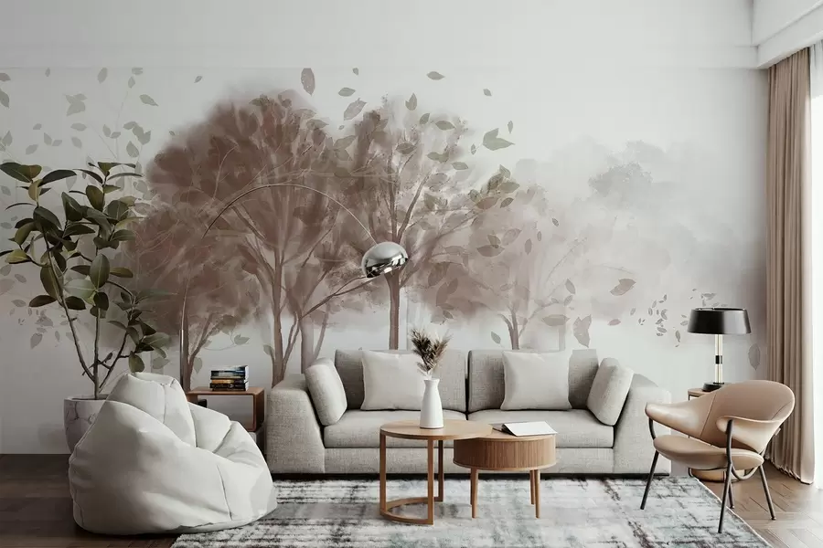 Fototapete Abstrakte Landschaft mit Bäumen mit braunen Blättern, die sich im Wasser spiegeln, in Aquarell strukturiertem Stil w09109v1