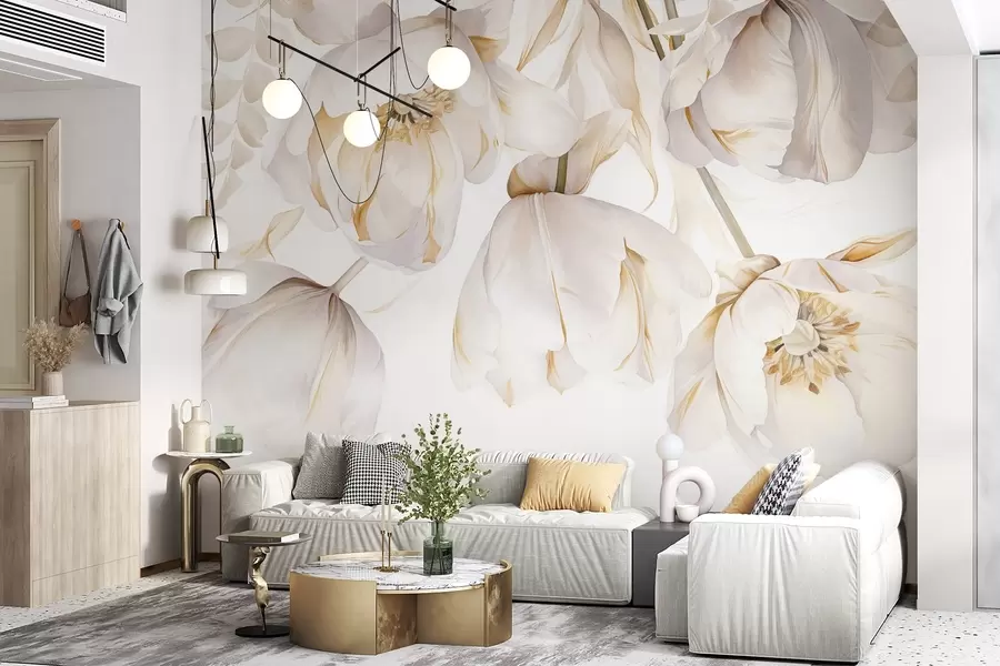 Fototapete Weiße Tulpen mit gelben Blütenstempeln, zarte Blütenblätter, elegantes Blumenarrangement, zarte Komposition, auf weißem Hintergrund w09112