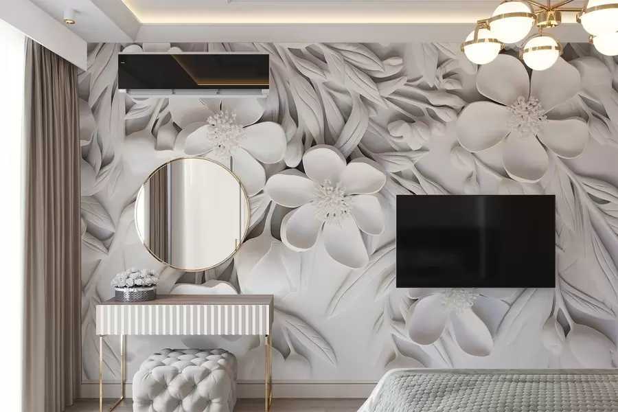 Murale Fleurs et feuilles blanches sur fond blanc, floral élégant, design décoratif, détails complexes w09113