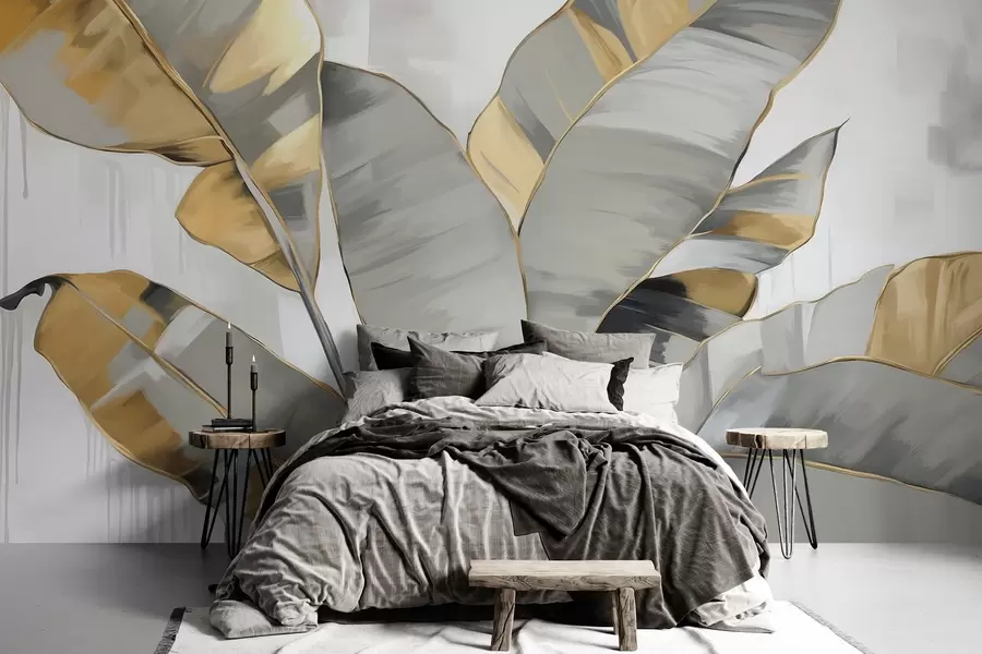 Fototapete Banane tropische strukturierte Blätter mit grauen und gelben Tönen, modernen Stil, neutralen Hintergrund, dekorative Malerei w09118