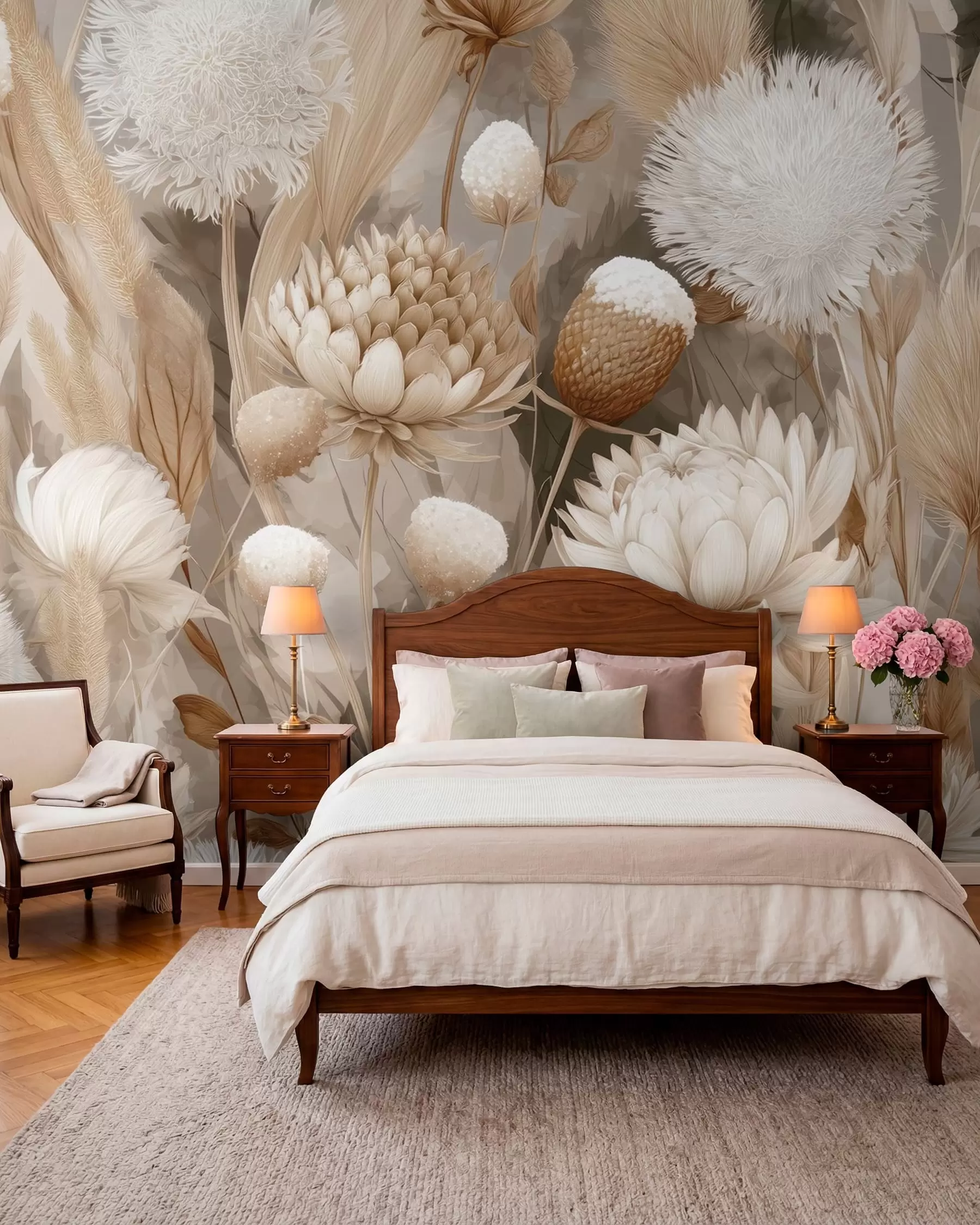 Fototapete Boho-Harmonie: Strukturierte Blumen in Beige- und Cremetönen w09121