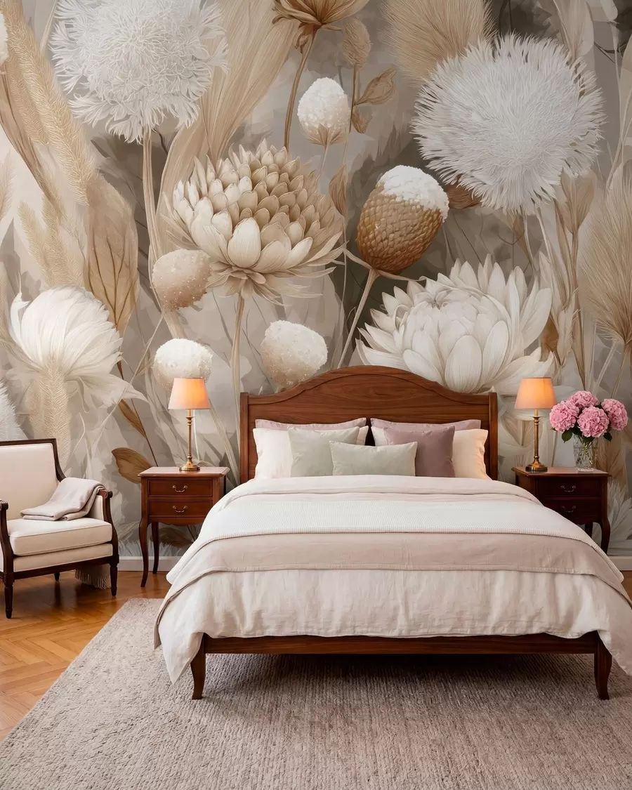 fototapeter Boho-harmoni: Strukturerede blomster i beige og cremefarvede toner w09121