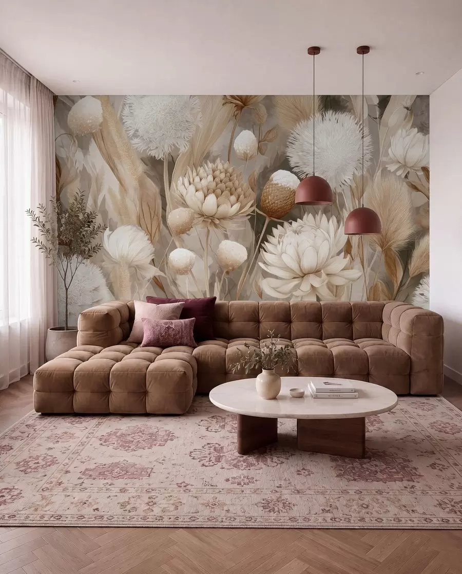 fototapeter Boho-harmoni: Strukturerede blomster i beige og cremefarvede toner w09121