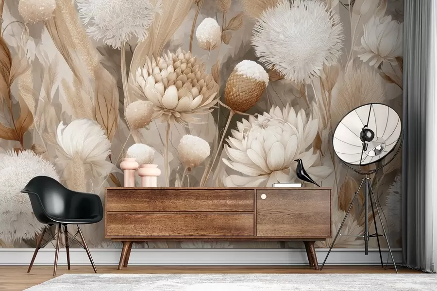 Fototapete Boho-Harmonie: Strukturierte Blumen in Beige- und Cremetönen w09121