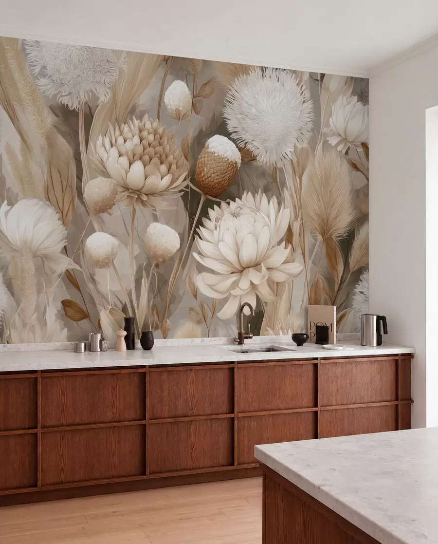 fototapeter Boho-harmoni: Strukturerede blomster i beige og cremefarvede toner w09121
