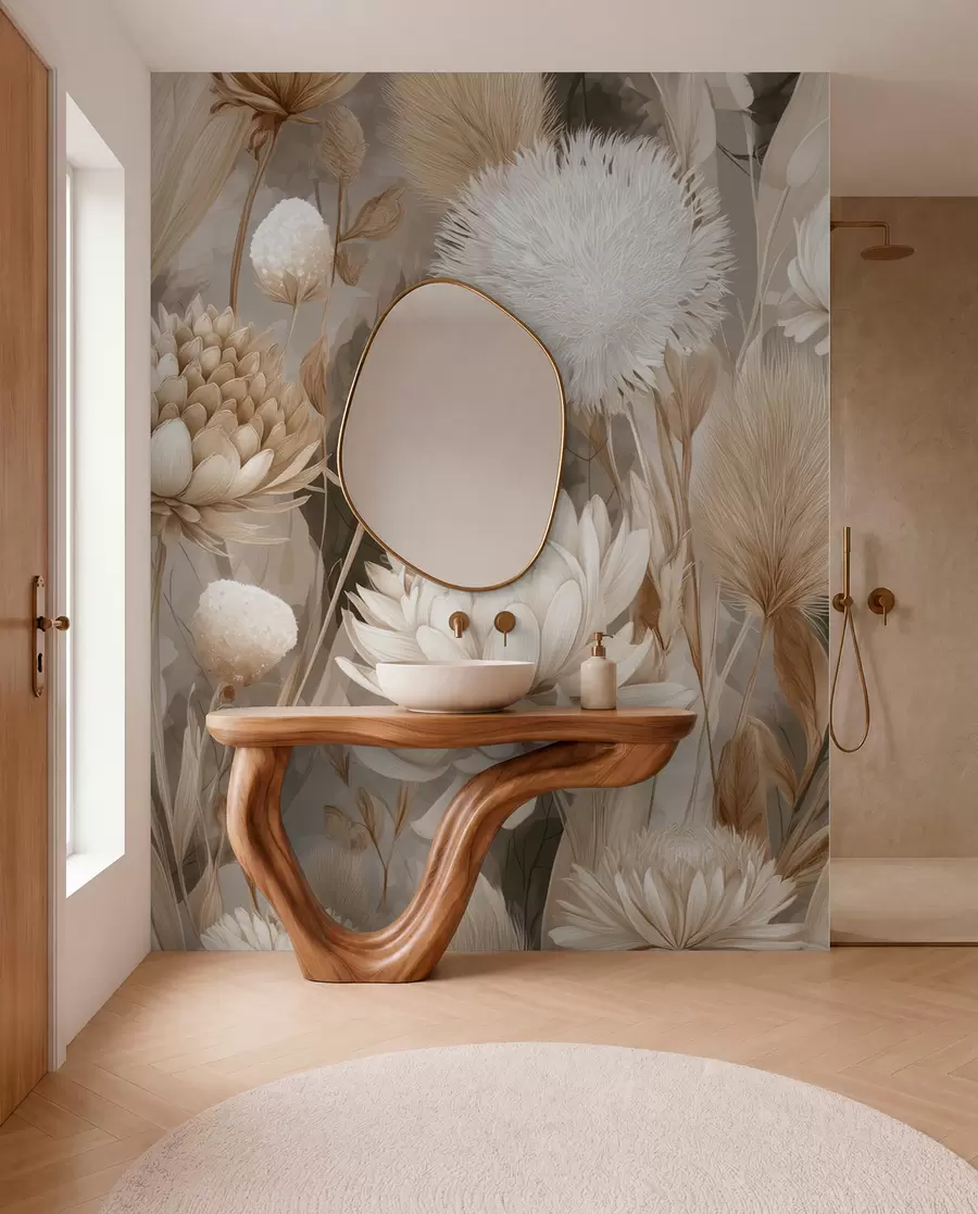 fototapeter Boho-harmoni: Strukturerede blomster i beige og cremefarvede toner w09121