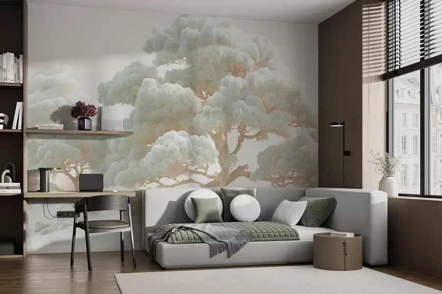 Fototapete Kiefern im Nebel in sanften Tönen in einem Wald stehend w09122