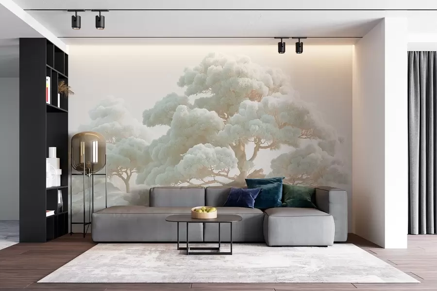 Fototapete Kiefern im Nebel in sanften Tönen in einem Wald stehend w09122