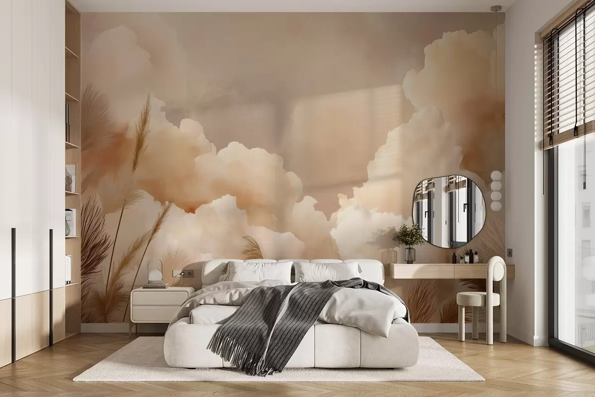 fototapeter Beige himmel med varme skyer og pampasgræs w09124