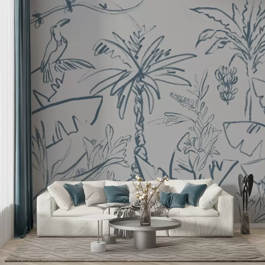 Murale Motif tropical en bleu, bananes, palmiers w04020v1