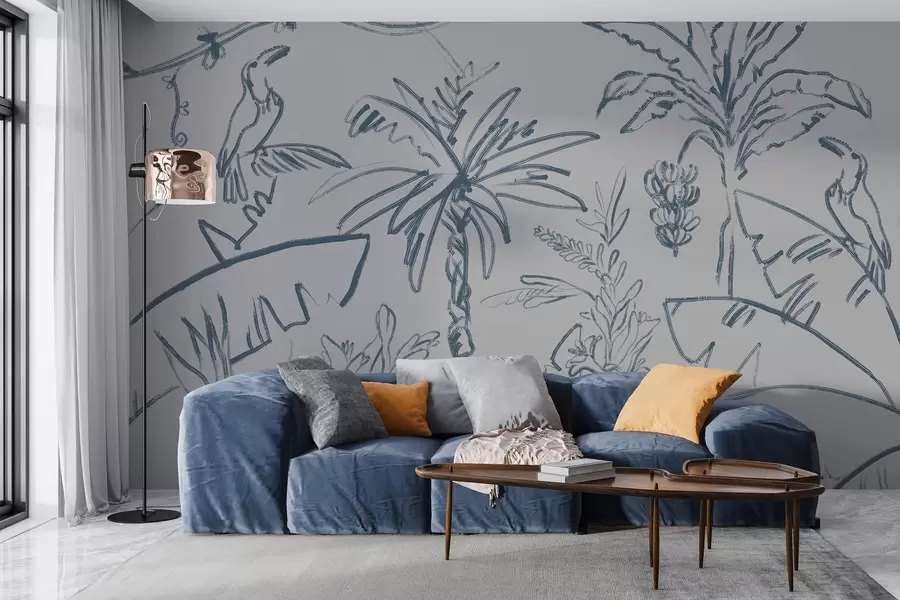 Fototapete Tropisches Muster in Blau, Bananen, Palmen w04020v1