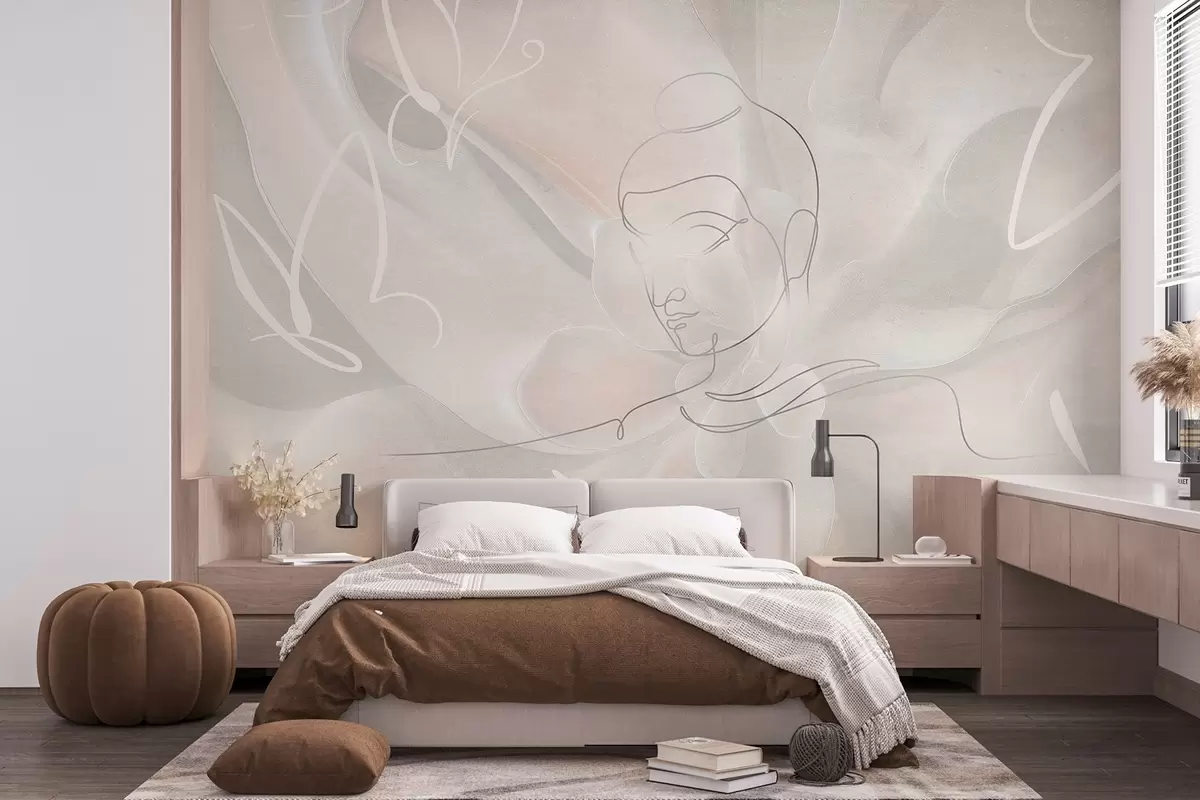fototapeter Blomsterabstraktion med Buddha-stregtegning, beige farver w04004