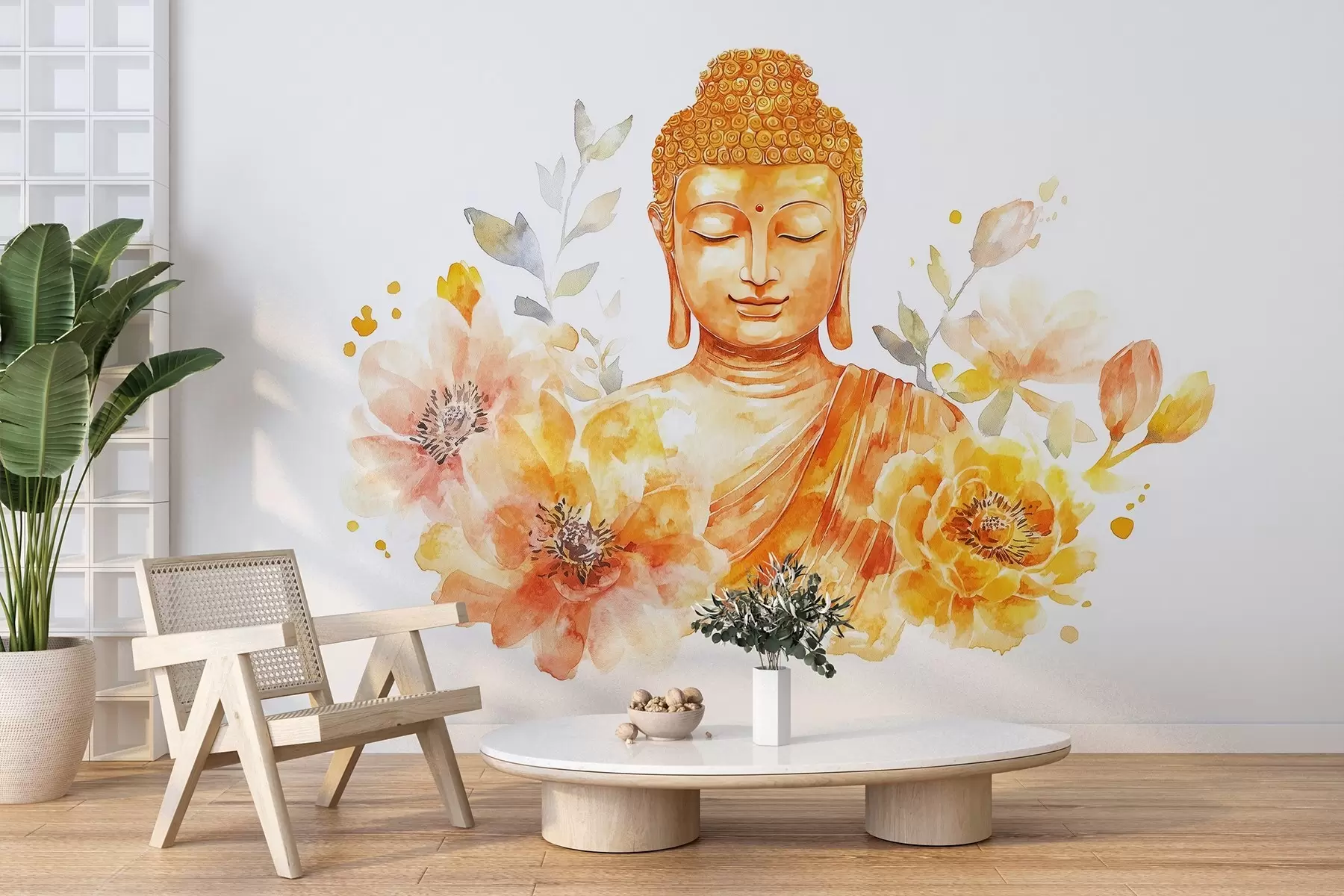 fototapeter Akvarel-Buddha med blomster, spirituel, orange farvepalet  w04005