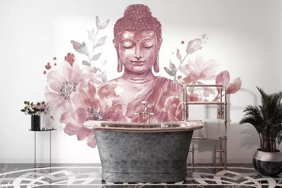 Fototapete Aquarell-Buddha mit Blumen, spirituell, bordeauxfarbene Farbpalette w04005v2