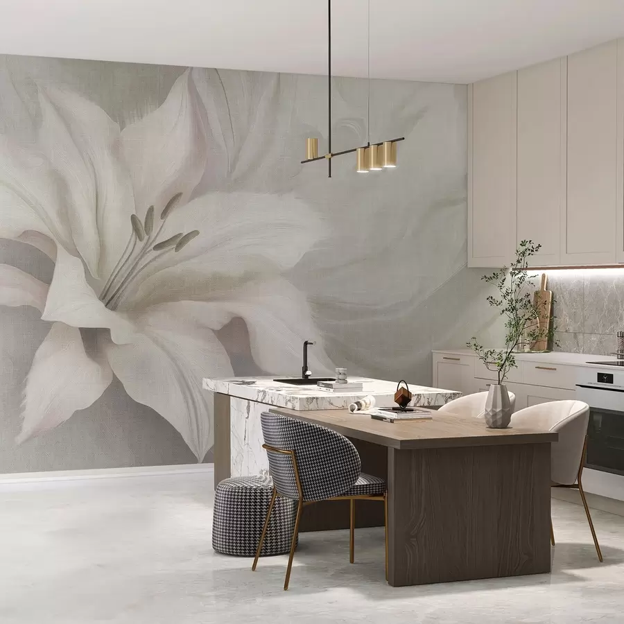 Fototapete Lilie Blume Flüssigkeit Abstraktion, floral, graue Farben w04006v2