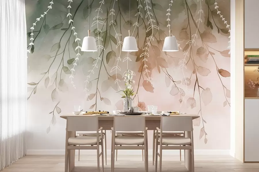 fototapeter Grene med blade i akvarelstil, naturlige efterårsfarver w04007v1