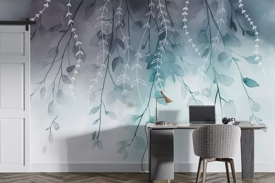 fototapeter Grene med blade i akvarelstil, naturlige akvamarinfarver w04007v3