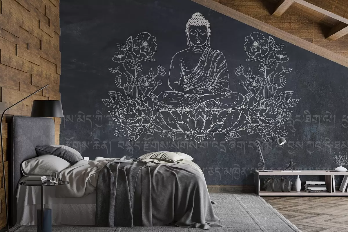 fototapeter Mediterende Buddha med lotusblomster, stregtegning, orientalsk, mørk baggrund w04008