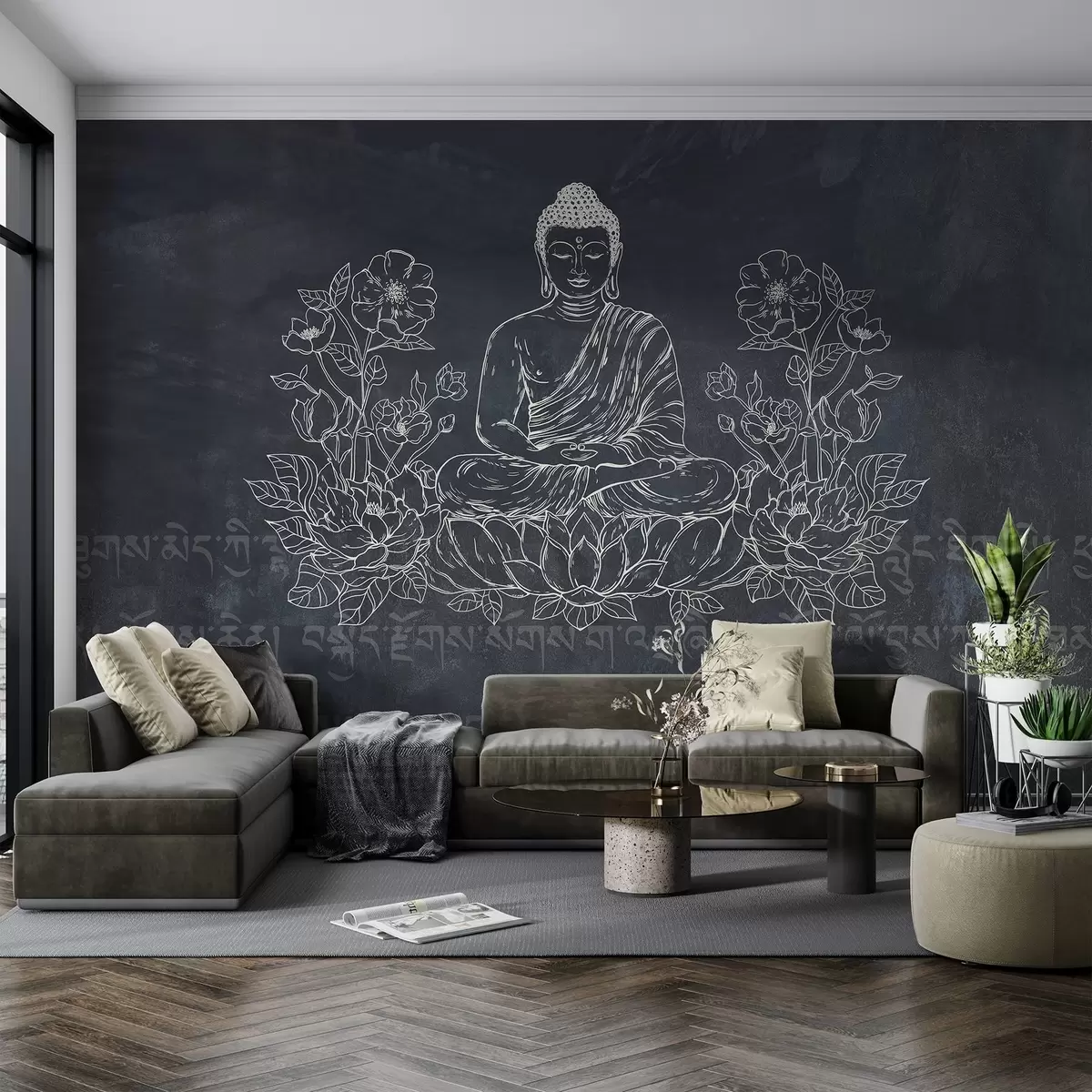 fototapeter Mediterende Buddha med lotusblomster, stregtegning, orientalsk, mørk baggrund w04008