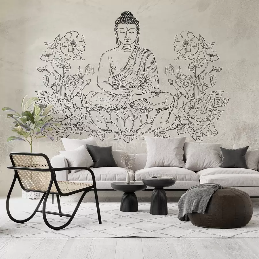 fototapeter Mediterende Buddha med lotusblomster, stregtegning, orientalsk, beige baggrund w04008v1