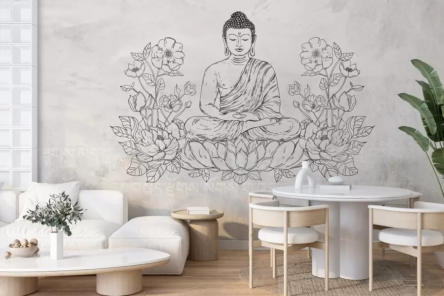 Fototapete Meditierender Buddha mit Lotusblumen, Strichzeichnung, orientalisch, beiger Hintergrund w04008v1