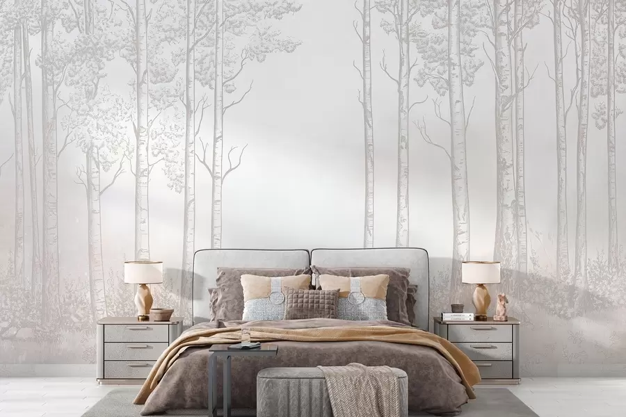 fototapeter Skov med birketræer, minimalisme, natur, beige farvepalet  w04009v3