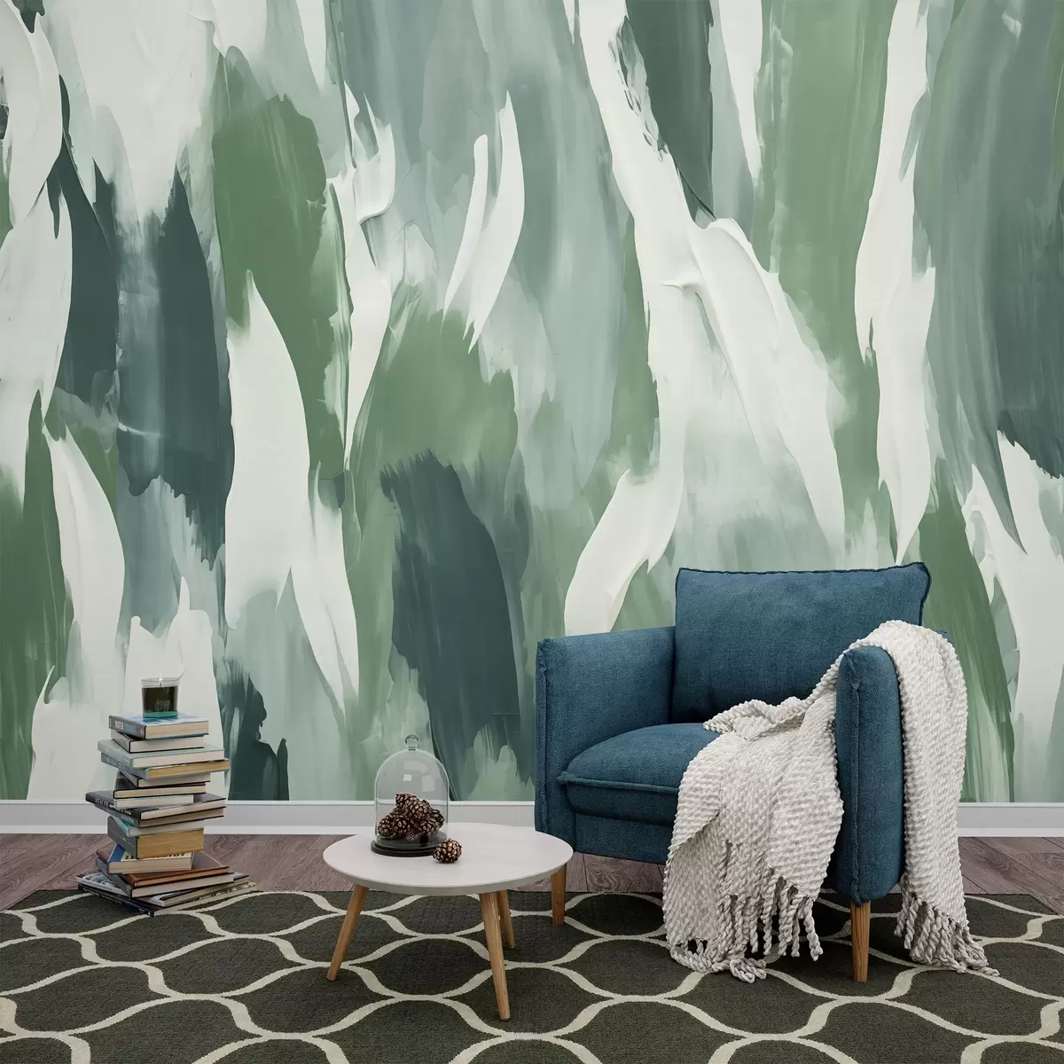 Fototapete Abstrakte Textur aus kräftigen grünen und cremefarbenen Pinselstrichen, die den Rhythmus von windgepeitschtem Laub und organischer Bewegung evozieren w04035