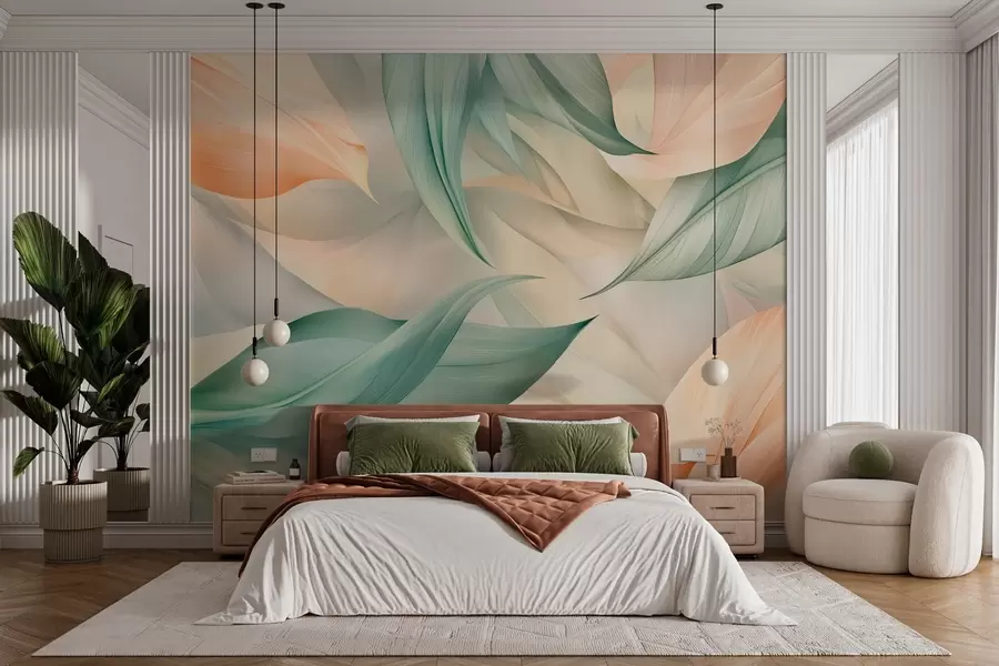 Fototapete exotische tropische Blätter in zarten Pfirsich- und Grüntönen w03962