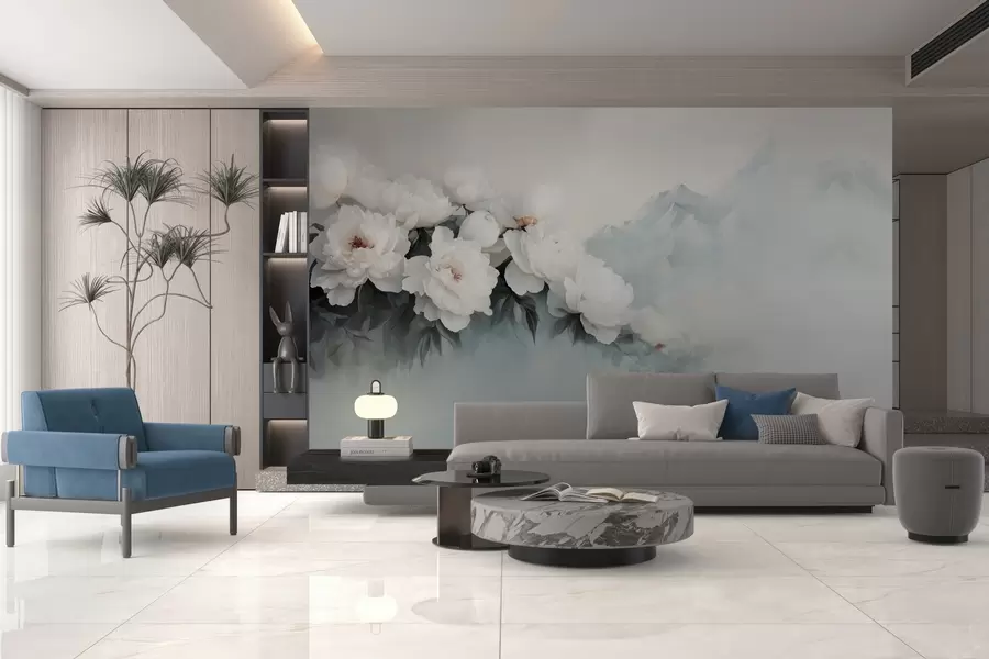 Fototapete malerische üppige weiße Pfingstrosen vor der Kulisse nebliger Berge w03965