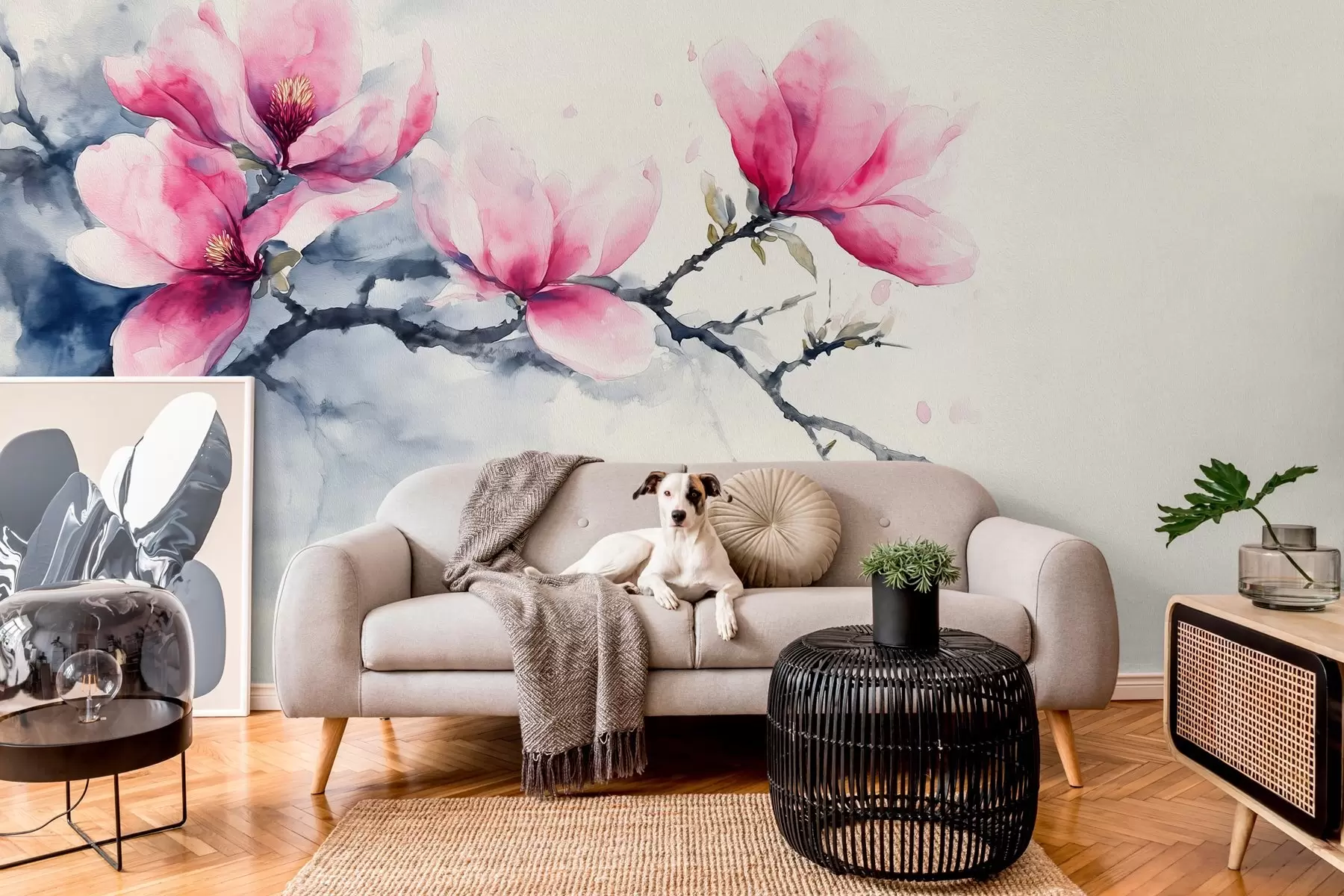 fototapeter blomstrende gren af pink magnolia på en elfenbensfarvet baggrund w04027