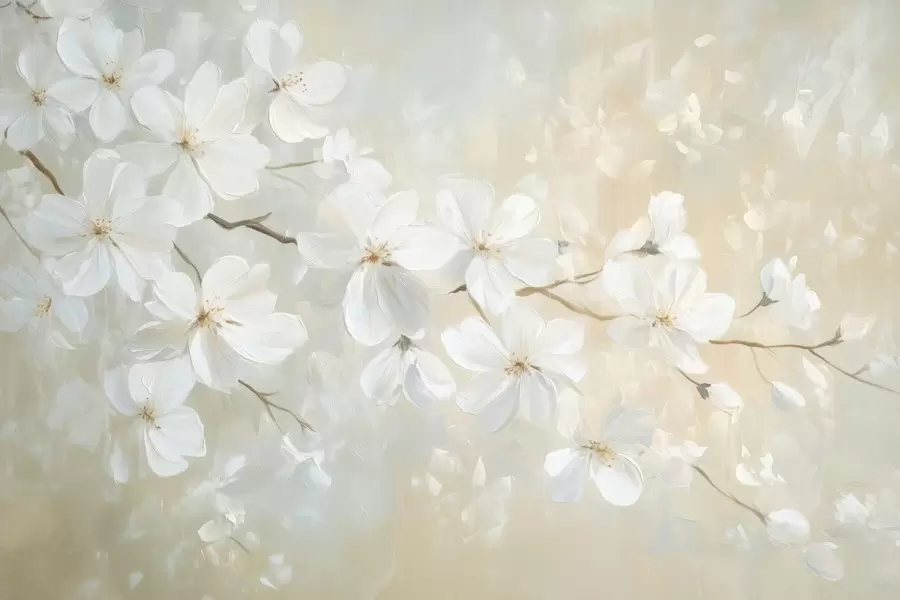 Fototapete zart blühender Aprikosenzweig im Stil der Ölmalerei in Pastellfarben w04029